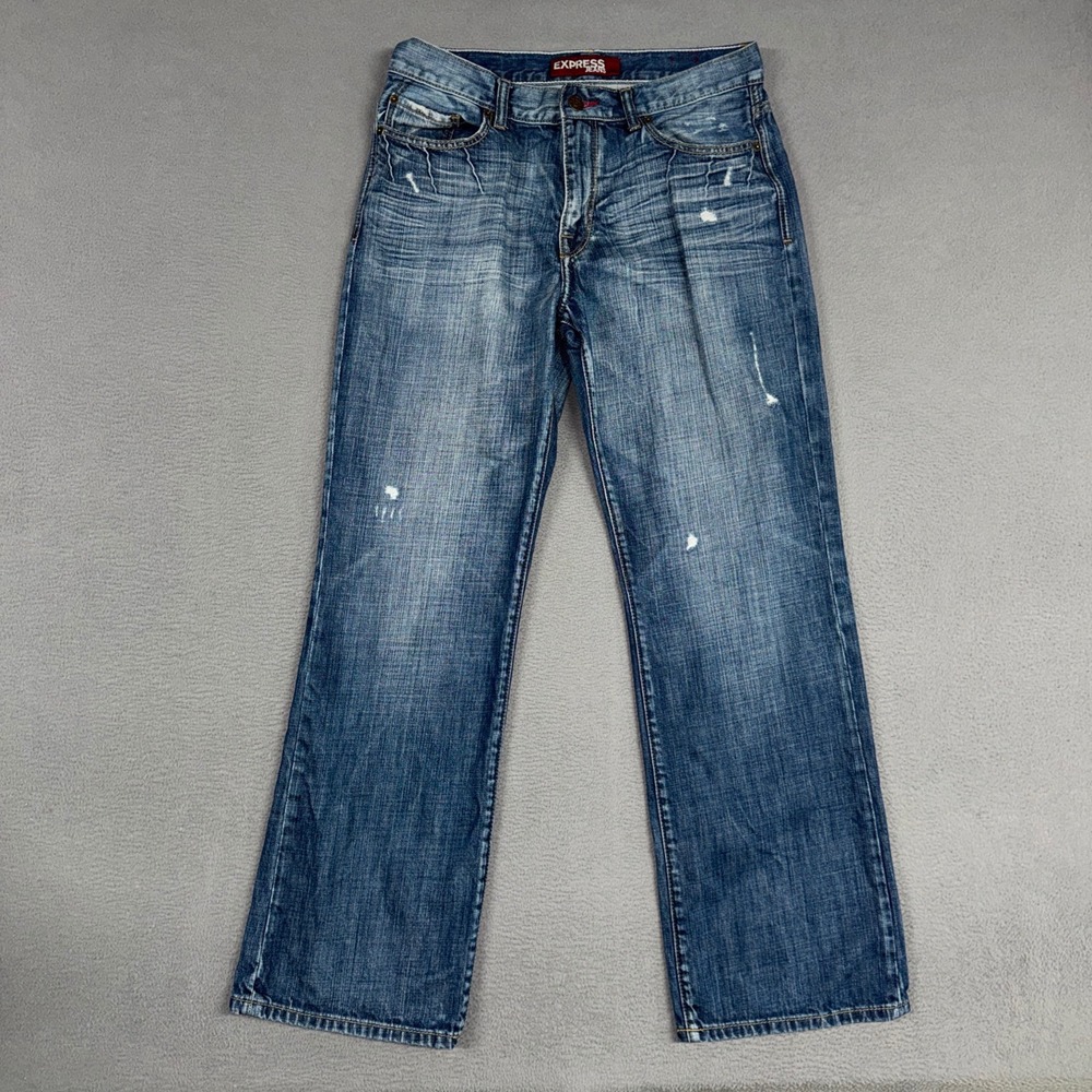 Express Jeans Mens 34x32 Blue Kingston Boot Cut Distressed Medium Wash Denim